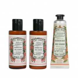 Géranium Rosat | Trousse voyage avec gel douche, lait corps et crème mains