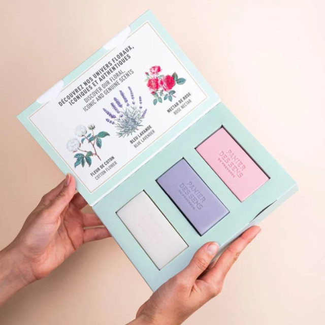 Coffret 3 savons solides parfumés | Savon extra-doux fleur de coton, bleu lavande, nectar de rose