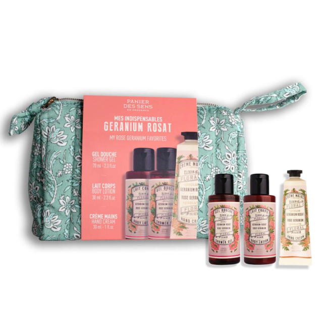 Géranium Rosat | Trousse voyage avec gel douche, lait corps et crème mains