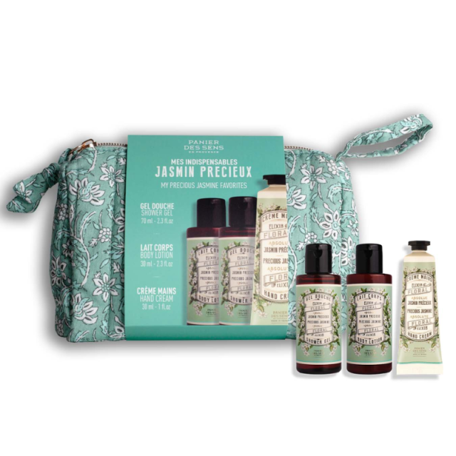 Jasmin Précieux |Trousse voyage avec gel douche, lait corps et crème mains