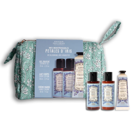 Pétales d'Iris | Trousse voyage avec gel douche, lait corps et crème mains